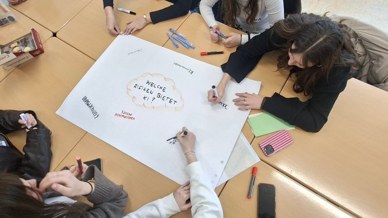 Schülerinnen schreiben auf ein Plakat, welche Risiken sie in der Künstlichen Intelligenz sehen. | Bild: BR/Eleonore Birkenstock Schülerinnen schreiben auf ein Plakat, welche Risiken sie in der Künstlichen Intelligenz sehen.