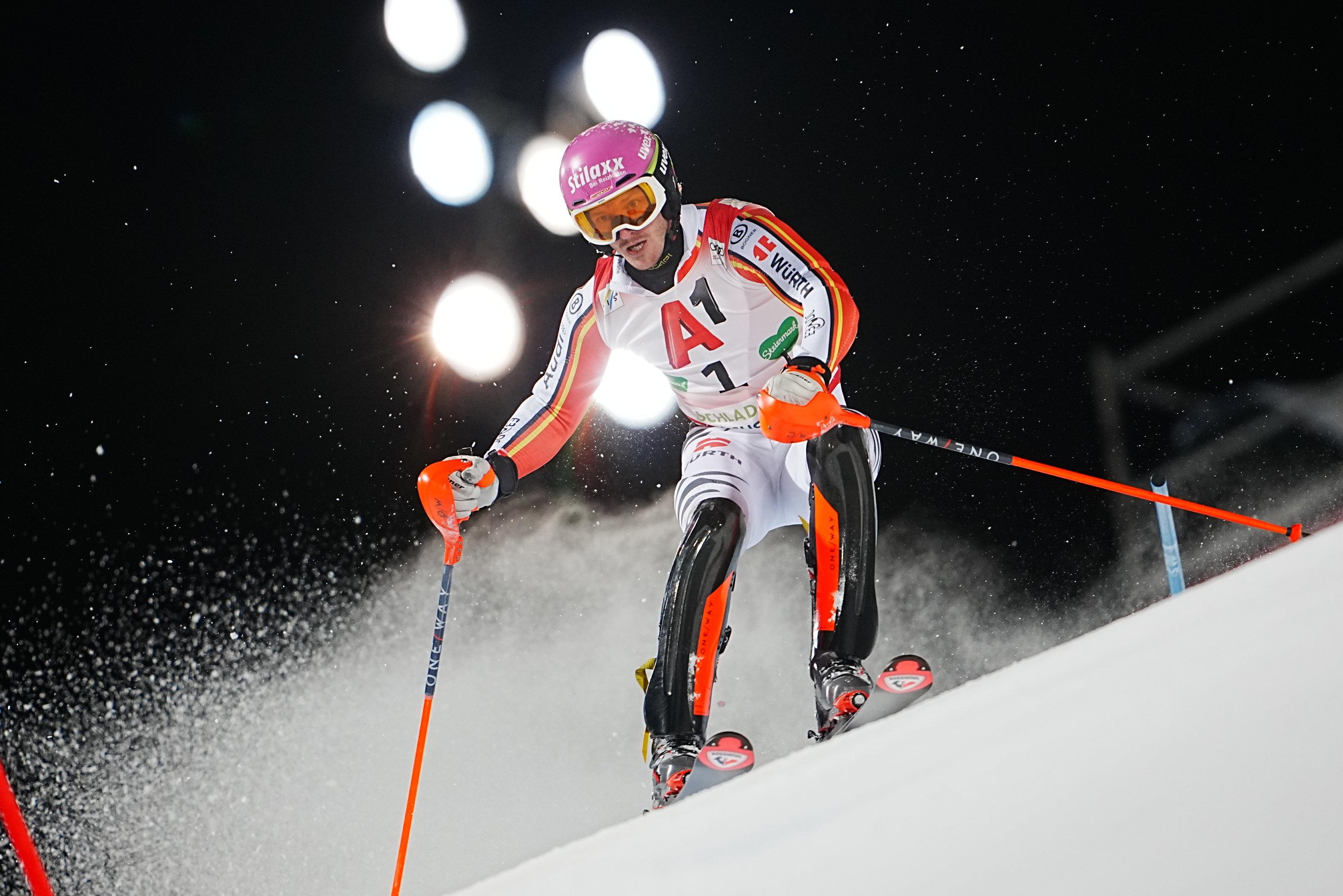 29.01.2025, Österreich, Schladming: Ski alpin, Weltcup, Slalom, Herren, Linus Strasser aus Deutschland in Aktion. Foto: Georg Hochmuth/APA/dpa +++ dpa-Bildfunk +++