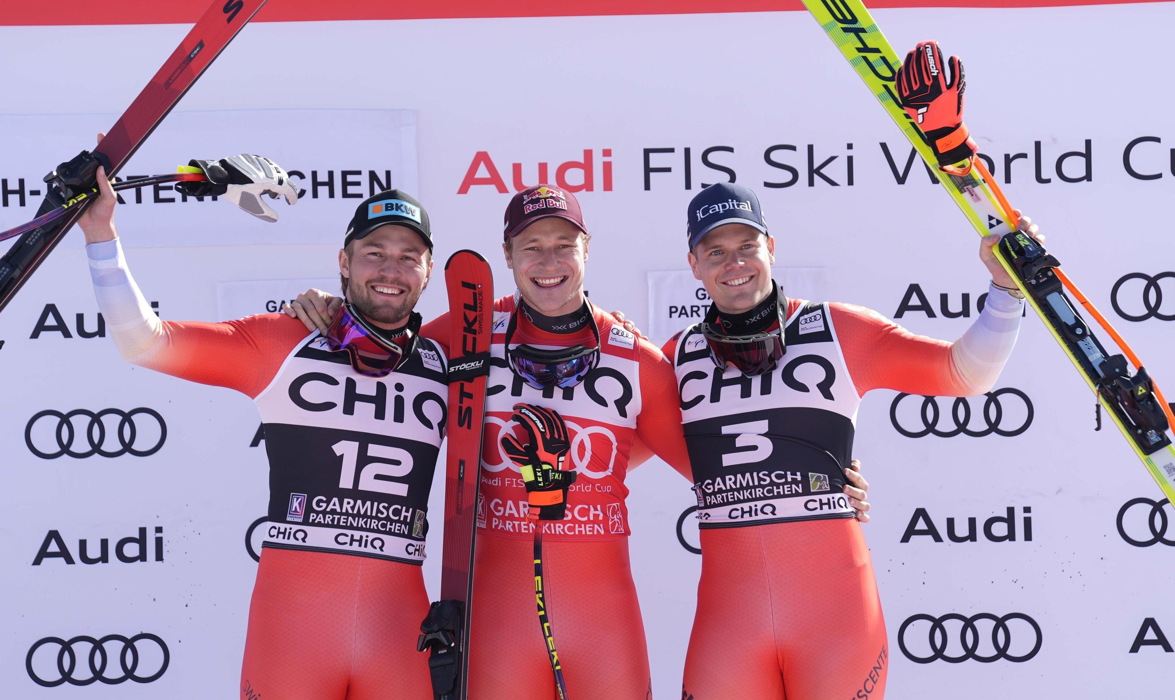 Marco Odermatt (M.), Alexis Monney (l.) und Stefan Rogentin