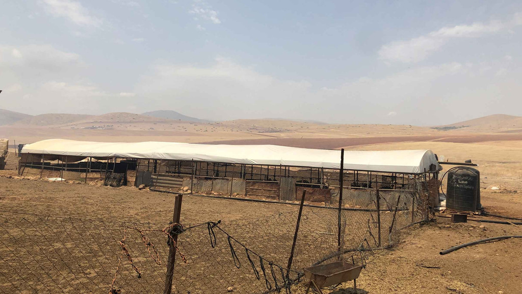 Eine rostige Stahlkonstruktion mit weißem Zeltdach bietet den Schafen Schatten in einer kargen, gelbroten Wüstenlandschaft.