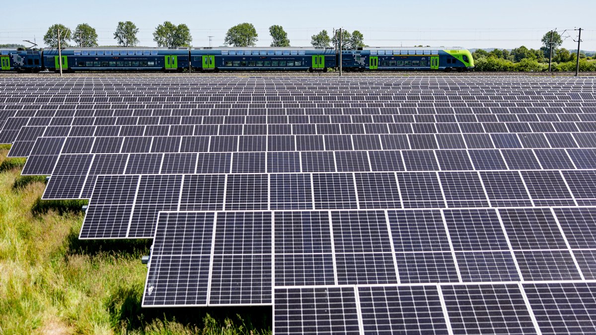 Ein Regionalzug fährt an einem Solarfeld einer Agri Photovoltaik, das in einem Moorgebiet steht, entlang.