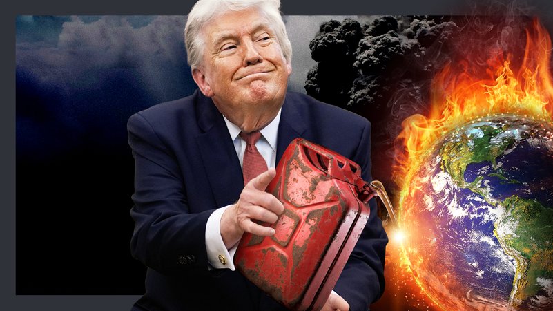 Ein Mann mit Ölkanister gießt Öl auf die brennende Weltkugel. | Bild: picture alliance / Consolidated News Photos | Aaron Schwartz - Pool via CNP, picture alliance / CNP/ AdMedia | CNP/ AdMedia, colourbox.com/1014, colourbox.com/245739, colourbox.com/Visual Generation, colourbox.com/Ihar Ivanouski, colourbox.com/Igor Marusitsenko; Montage: BR/Maxi Schumann; Ein Mann mit Ölkanister gießt Öl auf die brennende Weltkugel.