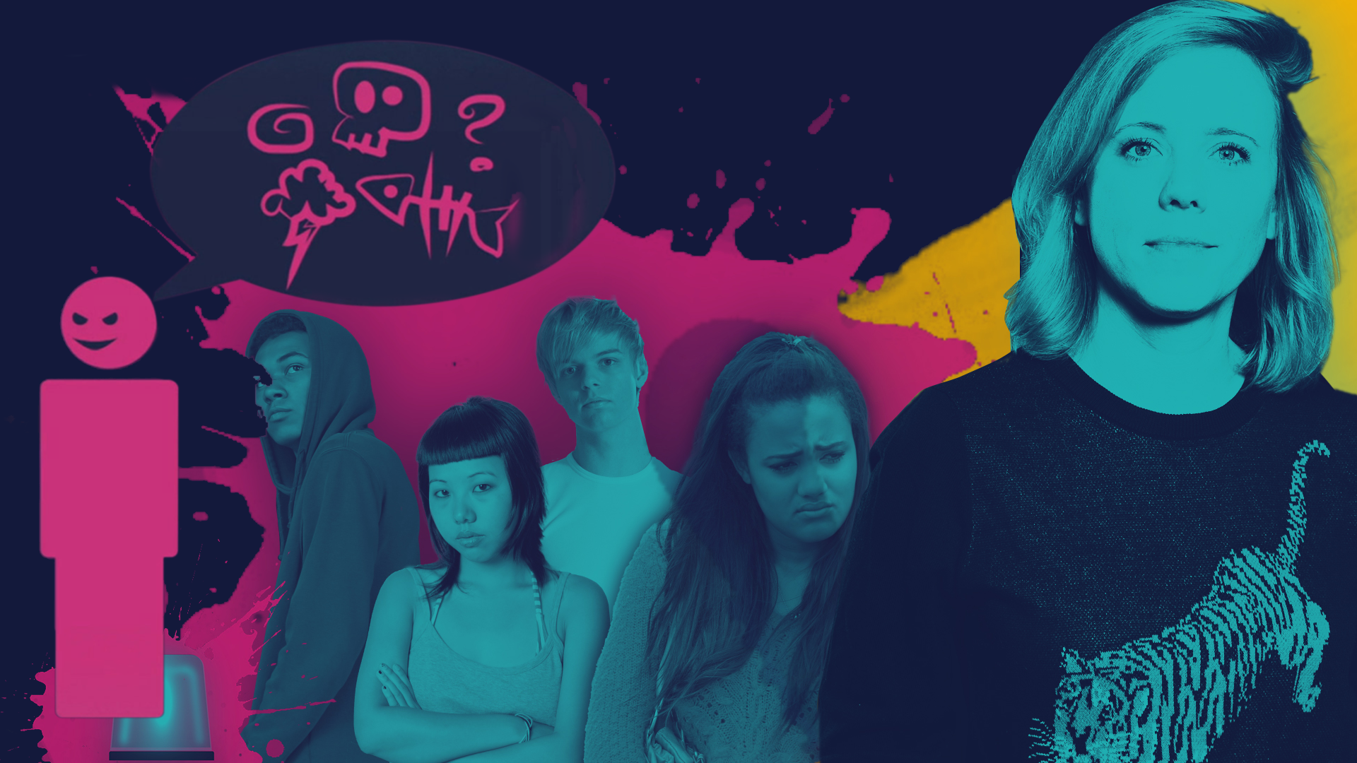 Collage: Host Christina Wolf vor einer Gruppe frustriert aussehender Jugendlicher.