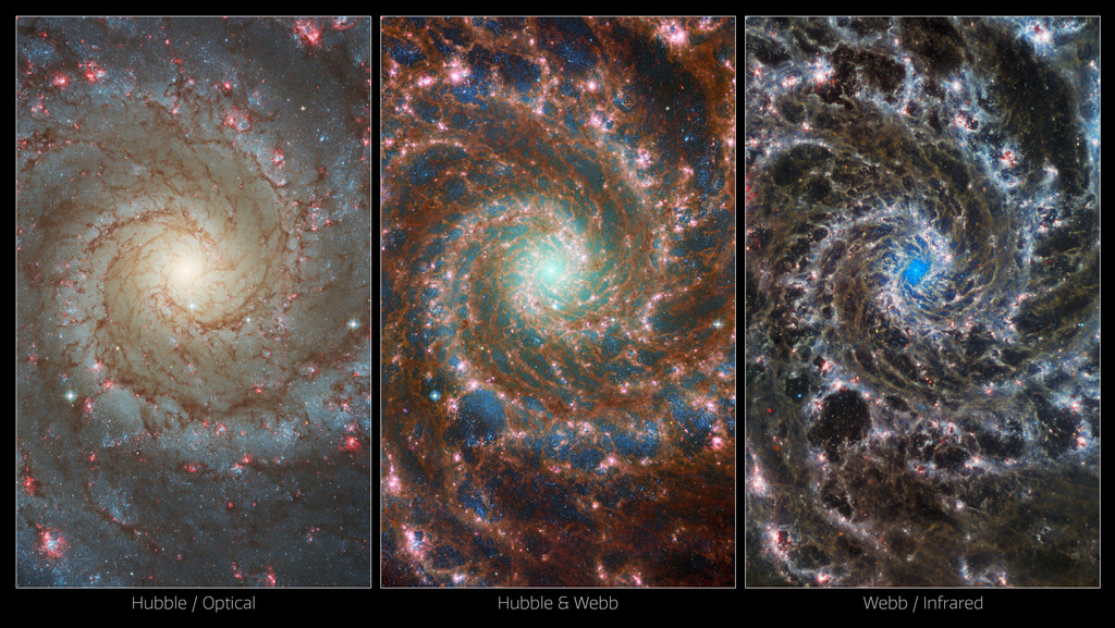 Das Bild zeigt dreimal dieselbe Galaxie M74: Einmal im optischen Bereich, aufgenommen vom Hubble-Weltraumteleskop, einmal als kombinierte Aufnahme mit dem Hubble-Weltraumteleskop und dem James Webb-Weltraumteleskop und einmal aufgenommen mit dem James Webb-Weltraumteleskop.