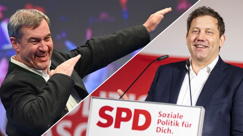 (li) Markus Söder (CSU), Ministerprässident Bayern, (re.) Lars Klingbeil (SPD), Bundesminister der Finanzen am Politischen Aschermittwoch | Bild: picture alliance/dpa | Lukas Barth-Tuttas/SvenSimon/Frank Hoermann, Montage BR (li) Markus Söder (CSU), Ministerprässident Bayern, (re.) Lars Klingbeil (SPD), Bundesminister der Finanzen am Politischen Aschermittwoch