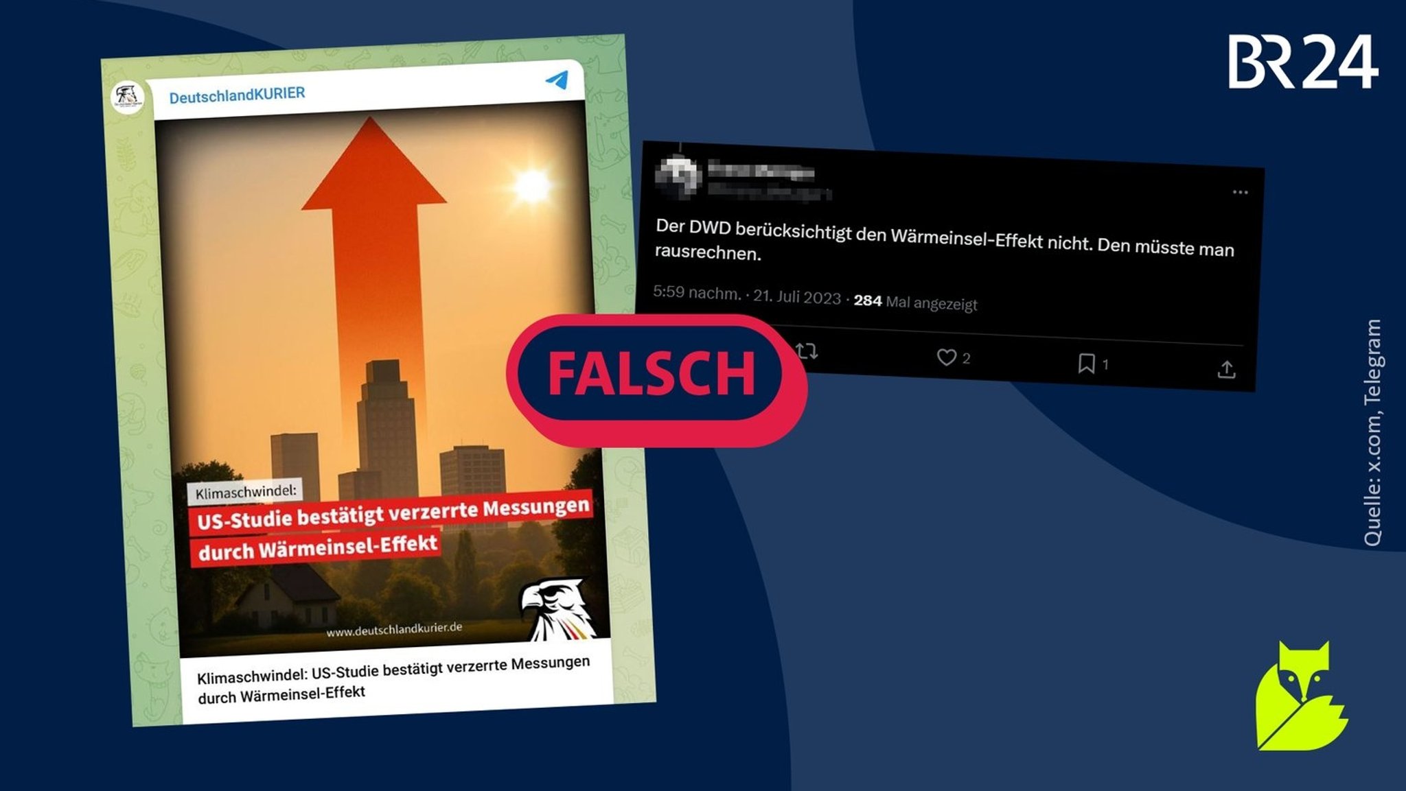 Anders als hier behauptet, verzerrt der Wärmeinseleffekt Erwärmungstrends nicht. Auch der Deutsche Wetterdienst bereinigt seine Messungen davon. | Bild: x.com, Telegram; Montage: BR Anders als hier behauptet, verzerrt der Wärmeinseleffekt Erwärmungstrends nicht. Auch der Deutsche Wetterdienst bereinigt seine Messungen davon.