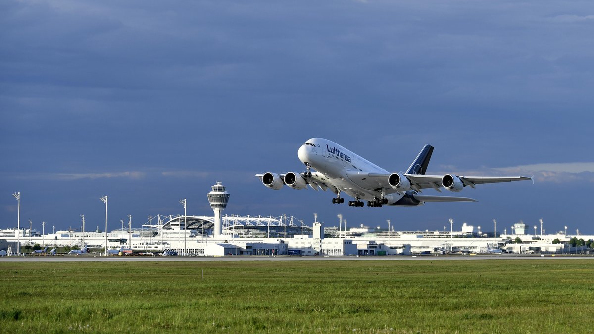Flugzeug landet am Münchner Flughafen (Symbolbild), im Vordergurnd  Wiese, im Hintergrund bewölkter Himmel