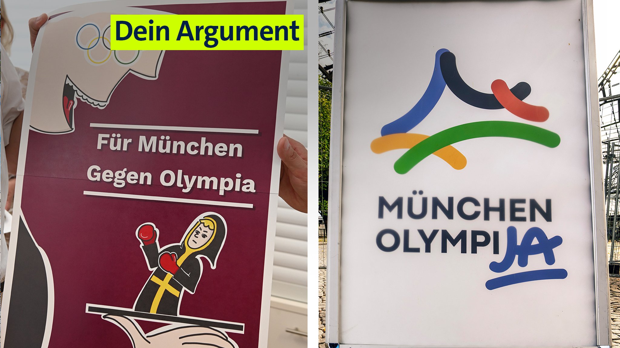 Plakate zum Olympia-Bürgerentscheid in München. | Bild: Montage: BR, Quelle: picture alliance / Stephan Rumpf, Wolfgang Maria Weber Plakate zum Olympia-Bürgerentscheid in München.