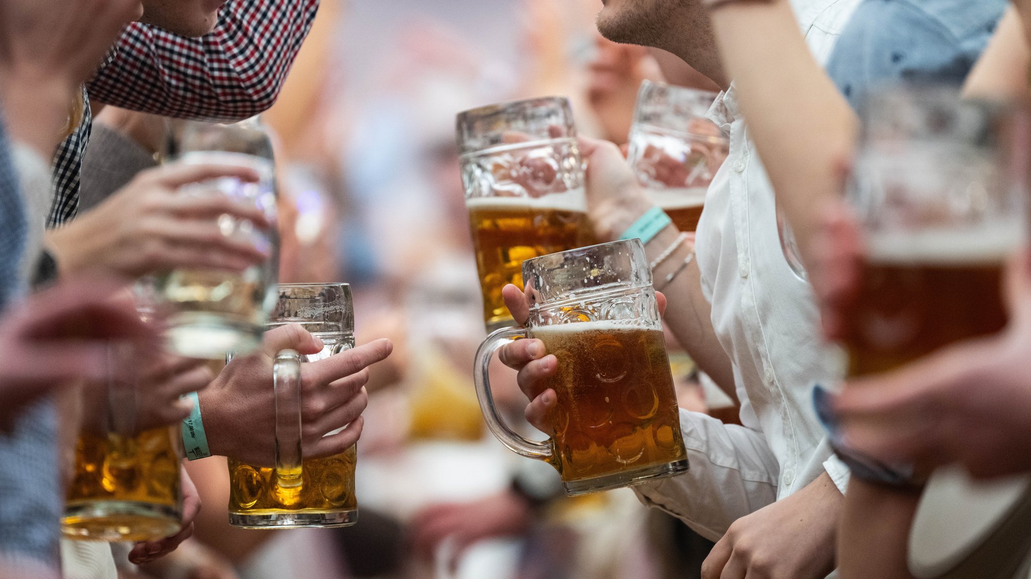 Mehrere Personen halten Bierkrüge in einem Festzelt in der Hand (Symbolbild).