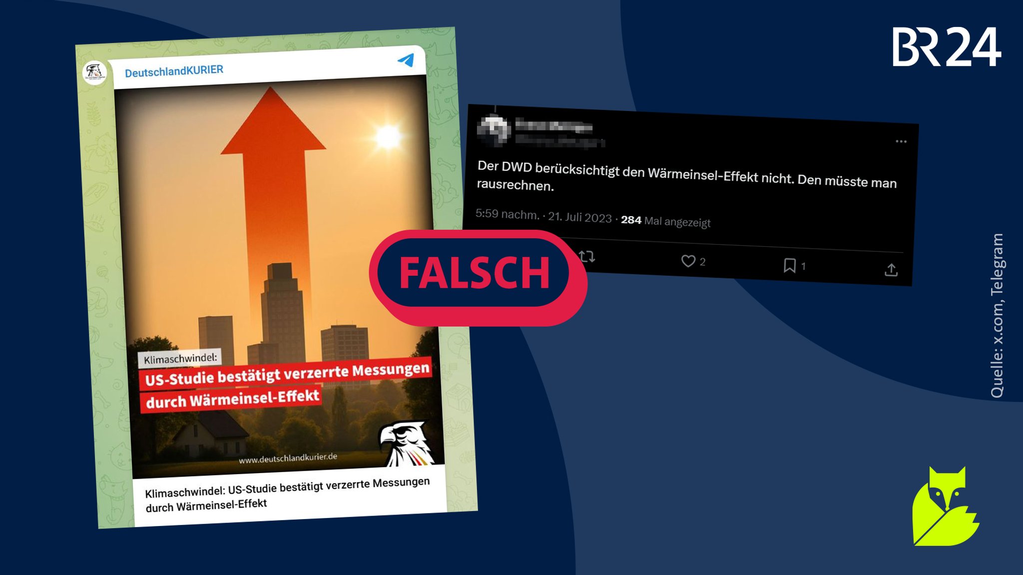 Zu sehen ist eine Collage zweier Screenshots: Links ein Screenshot eines Telegram-Posts, der fälschlicherweise behauptet: "US-Studie bestätigt verzerrte Messungen durch Wärmeinsel-Effekt". Rechts der Screenshot eines X-Posts, der fälschlicherweise behauptet "Der DWD berücksichtigt den Wärmeinsel-Effekt nicht."