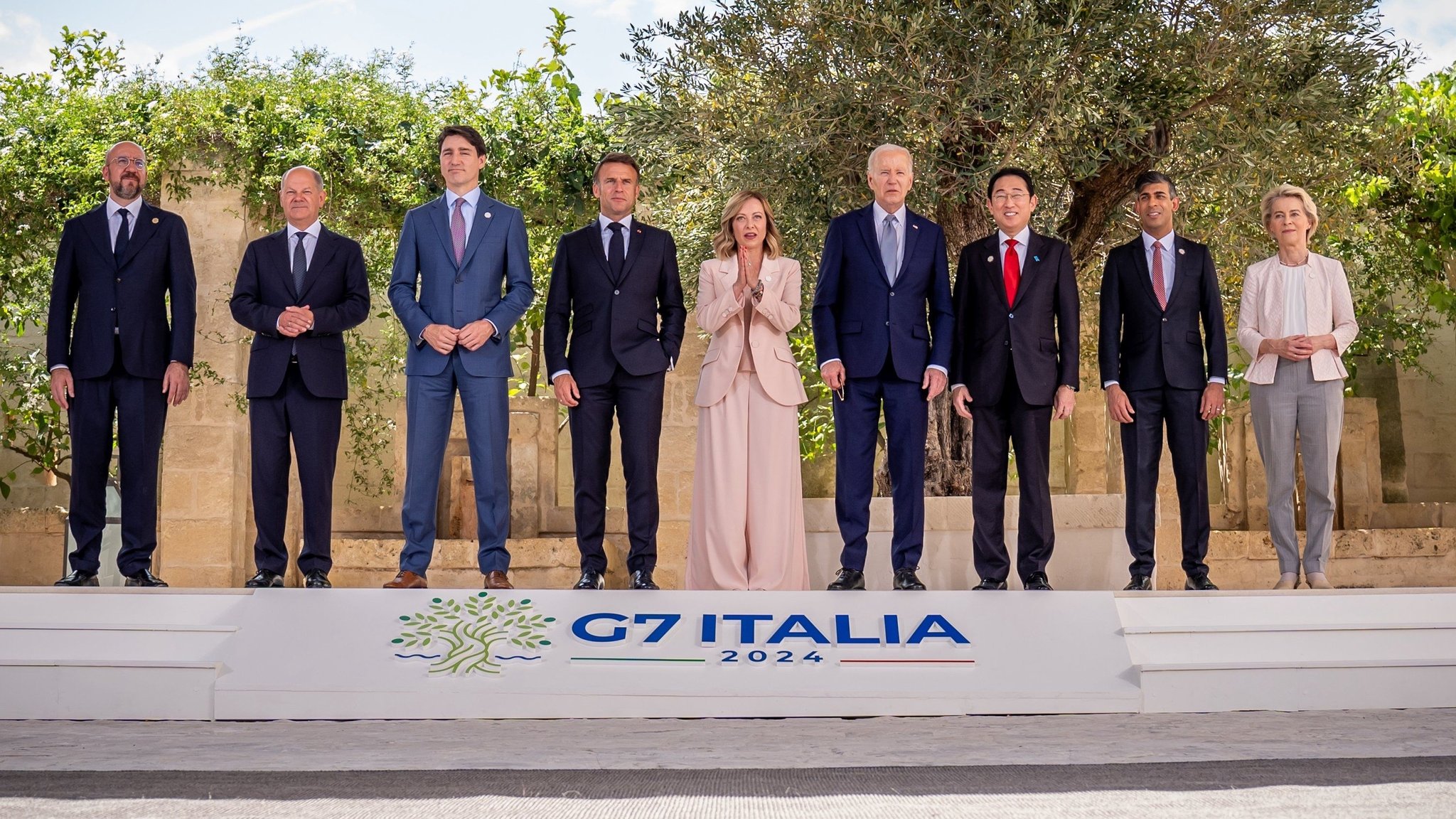 Charles Michel, Olaf Scholz, Justin Trudeau, Emmanuel Macron, Giorgia Meloni, Joe Biden, Fumio Kishida, Rishi Sunak und Ursula von der Leyen