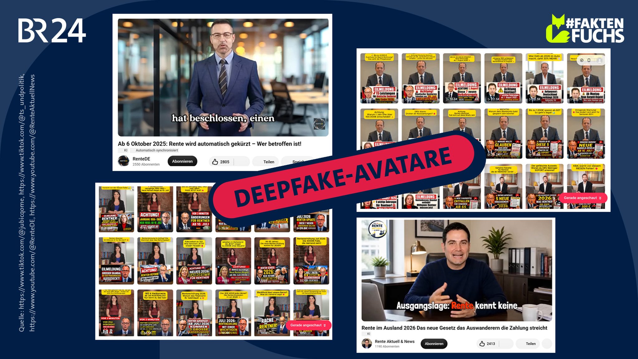 Screenshots von TikTok- und YouTube-Videos mit Deepfake-Avataren, die vermeintliche Renten-News vortragen. | Bild: tiktok.com/@jubicqome; tiktok.com/@ts_undpolitik; youtube.com/@RenteDE; youtube.com/RenteAktuellNews; Collage: BR Screenshots von TikTok- und YouTube-Videos mit Deepfake-Avataren, die vermeintliche Renten-News vortragen.
