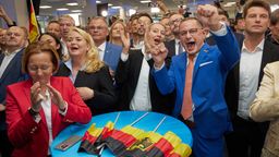 Alice Weidel und Tino Chrupalla jubeln in der AfD-Parteizentrale bei der Prognose zur Europawahl.  | Bild:picture alliance/dpa | Jörg Carstensen