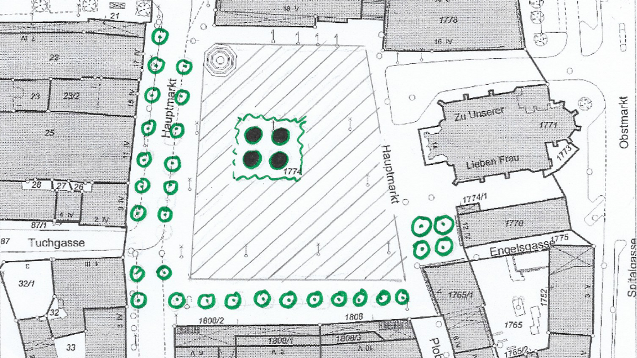Plan für die Aufstellung der Bäume rund um den Nürnberger Hauptmarkt | Bild: Bund Naturschutz Plan für die Aufstellung der Bäume rund um den Nürnberger Hauptmarkt