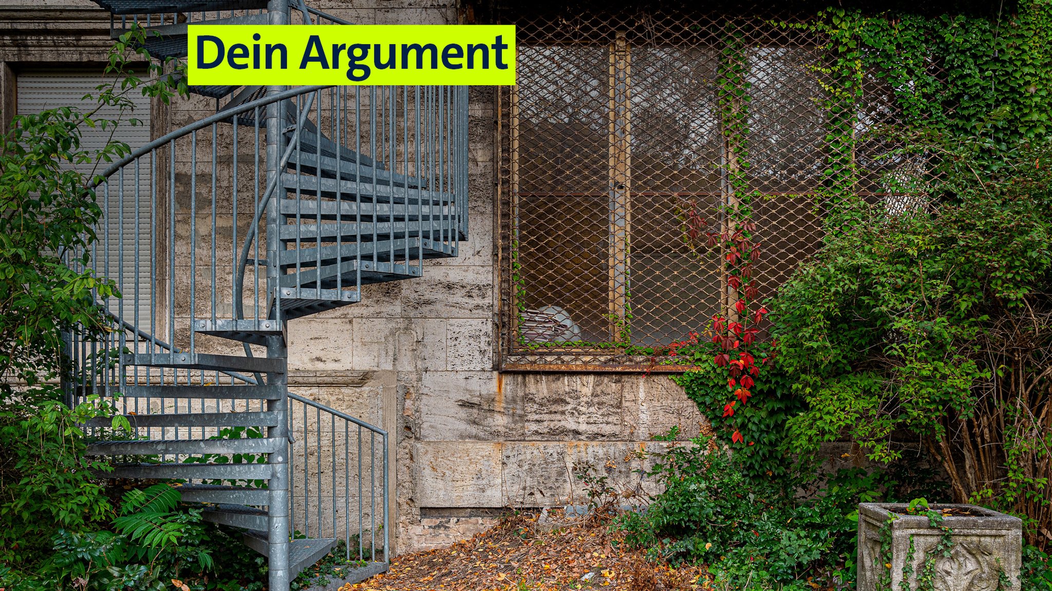 Feuertreppe an der Aussenseite einer Hausfassade. Am rechten Bildrand ist ein Busch zu sehen, an dem einige rote Blüten blühen. Das Fenster des Hauses ist mit einem Gitter versperrt. 