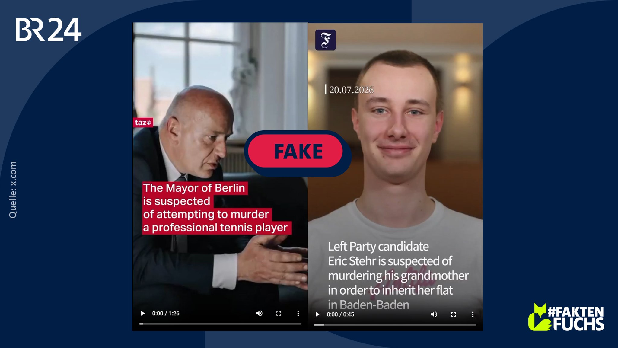 Screenshots zweier Fake-Nachrichten über Kai Wegner, CDU-Oberbürgermeister von Berlin, und Eric Stehr, Linken-Kandidat bei der Landtagswahl in Sachsen-Anhalt. | Bild: x.com, Montage: BR Screenshots zweier Fake-Nachrichten über Kai Wegner, CDU-Oberbürgermeister von Berlin, und Eric Stehr, Linken-Kandidat bei der Landtagswahl in Sachsen-Anhalt.