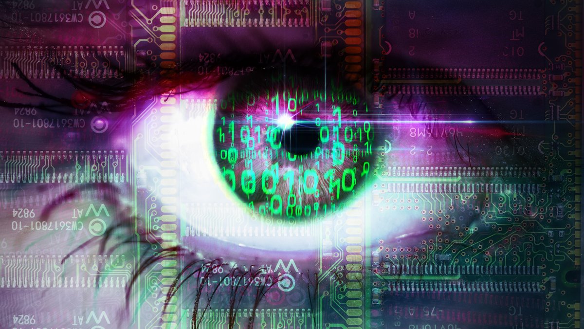 Auge einer Frau mit Binärcode, Symbolfoto künstliche Intelligenz, Fotomontage 