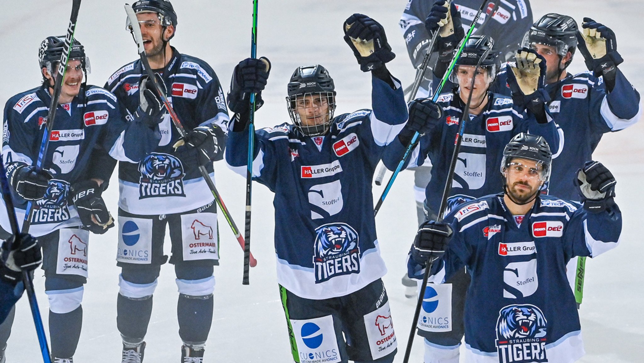 Spieler der Straubing Tigers beim Torjubel