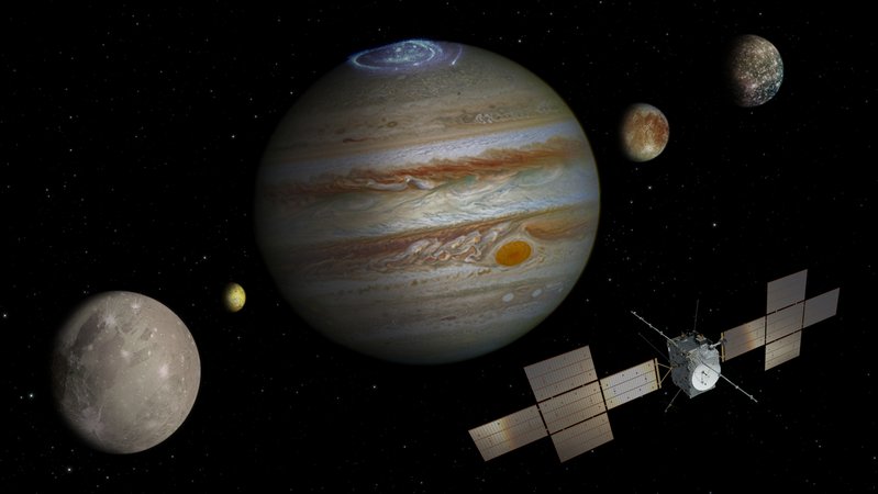 Collage der ESA-Raumsonde JUICE vor dem Planeten Jupiter und vier seiner Monde. | Bild: ESA/NASA/JPL/DLR/ Collage der ESA-Raumsonde JUICE vor dem Planeten Jupiter und vier seiner Monde.