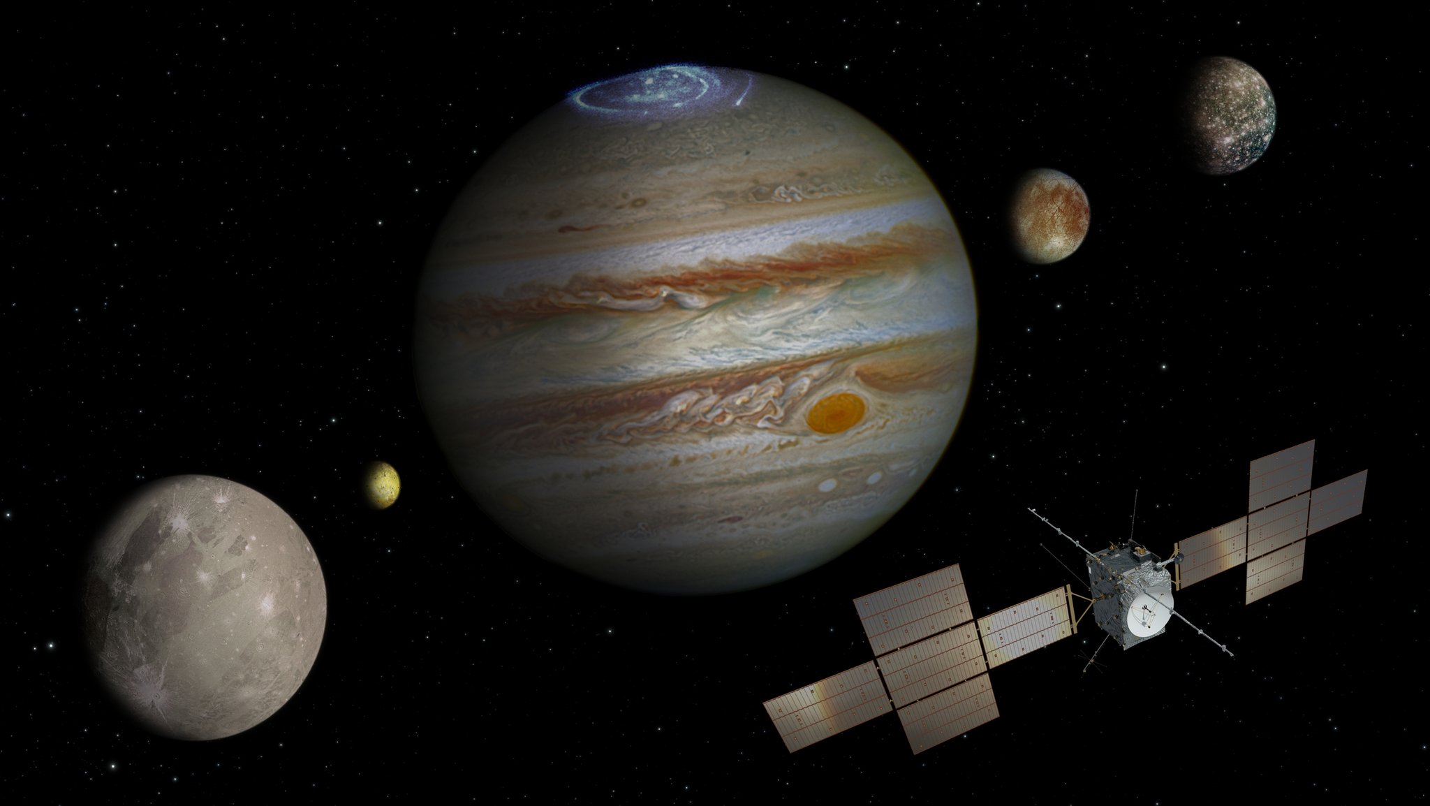 Collage der ESA-Raumsonde JUICE vor dem Planeten Jupiter und vier seiner Monde.