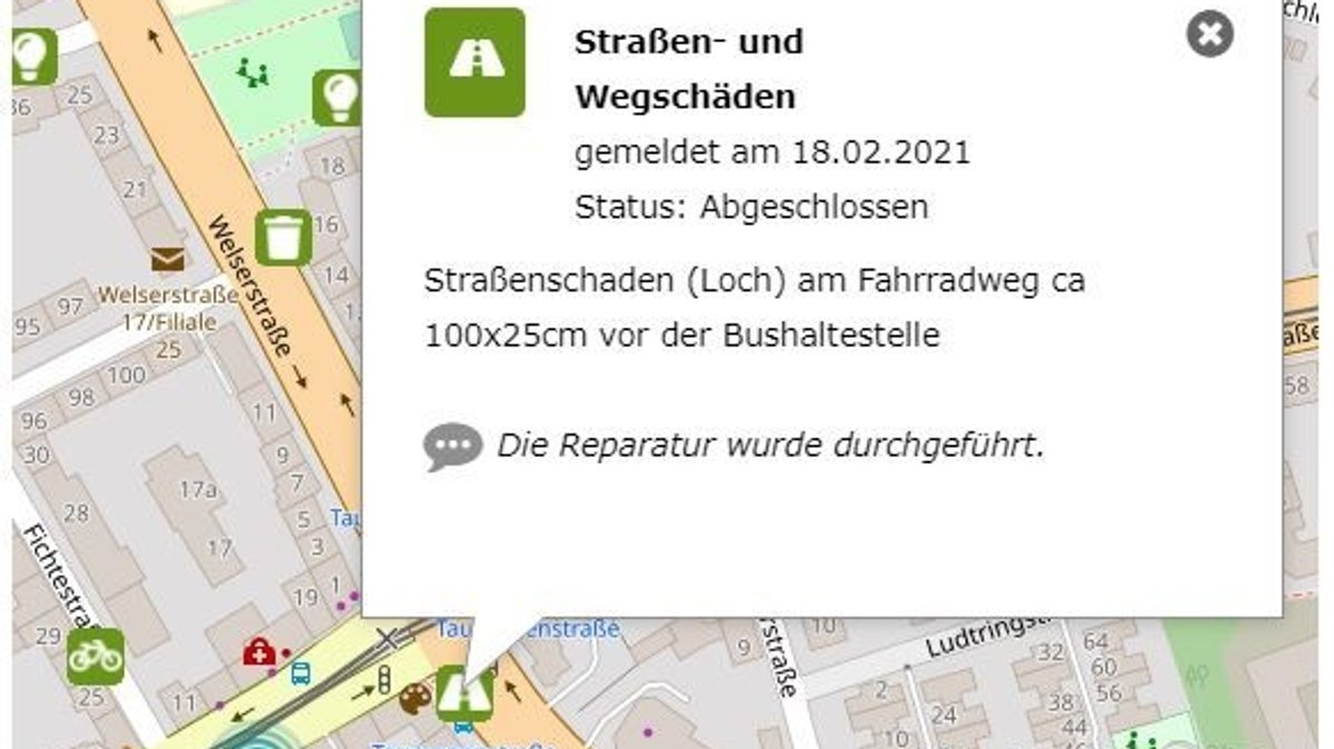 Internetkarte von Nürnberg mit dem Hinweis auf einen behobenen Mangel.