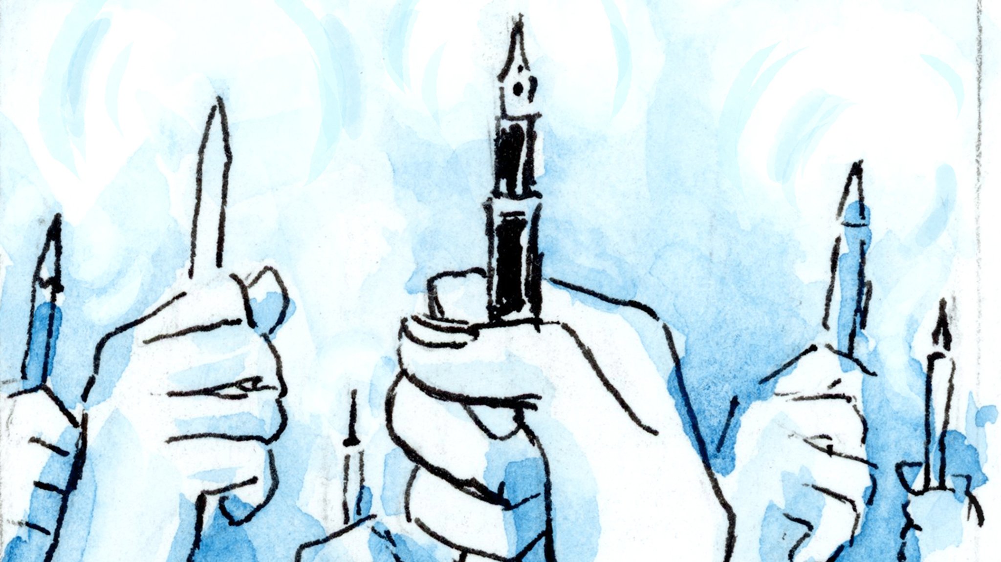 Mehrere gezeichnete Fäuste halten einen nach oben gereckten Stift. | Bild: K. Woodman-Maynard Mehrere gezeichnete Fäuste halten einen nach oben gereckten Stift.