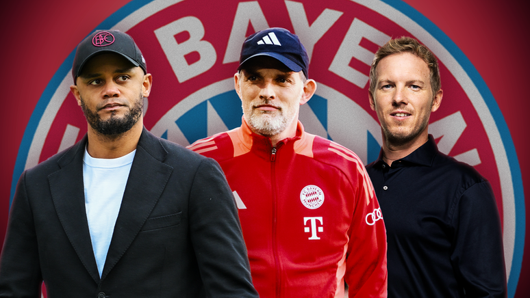 Vincent Kompany (l.), Thomas Tuchel, Julian Nagelsmann (r.) vor dem FC-Bayern-Logo | Bild:dpa