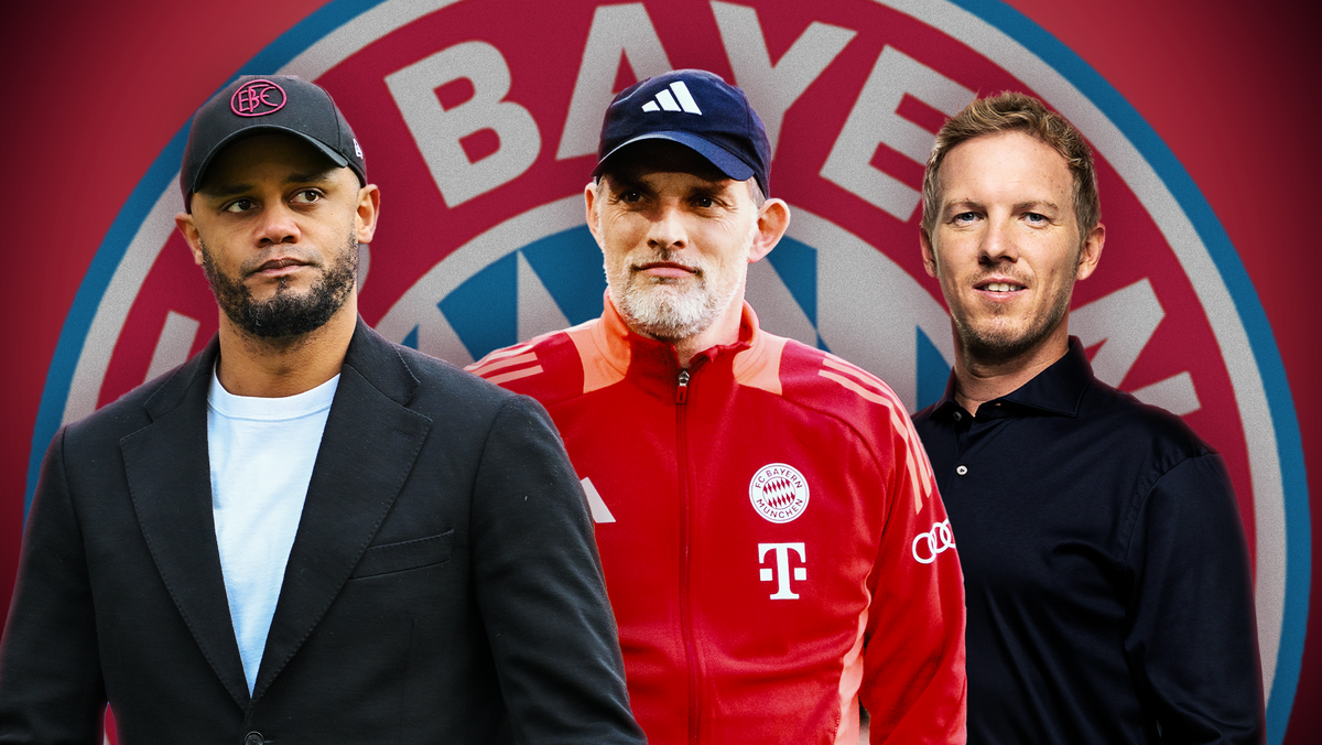 Vincent Kompany (l.), Thomas Tuchel, Julian Nagelsmann (r.) vor dem FC-Bayern-Logo
