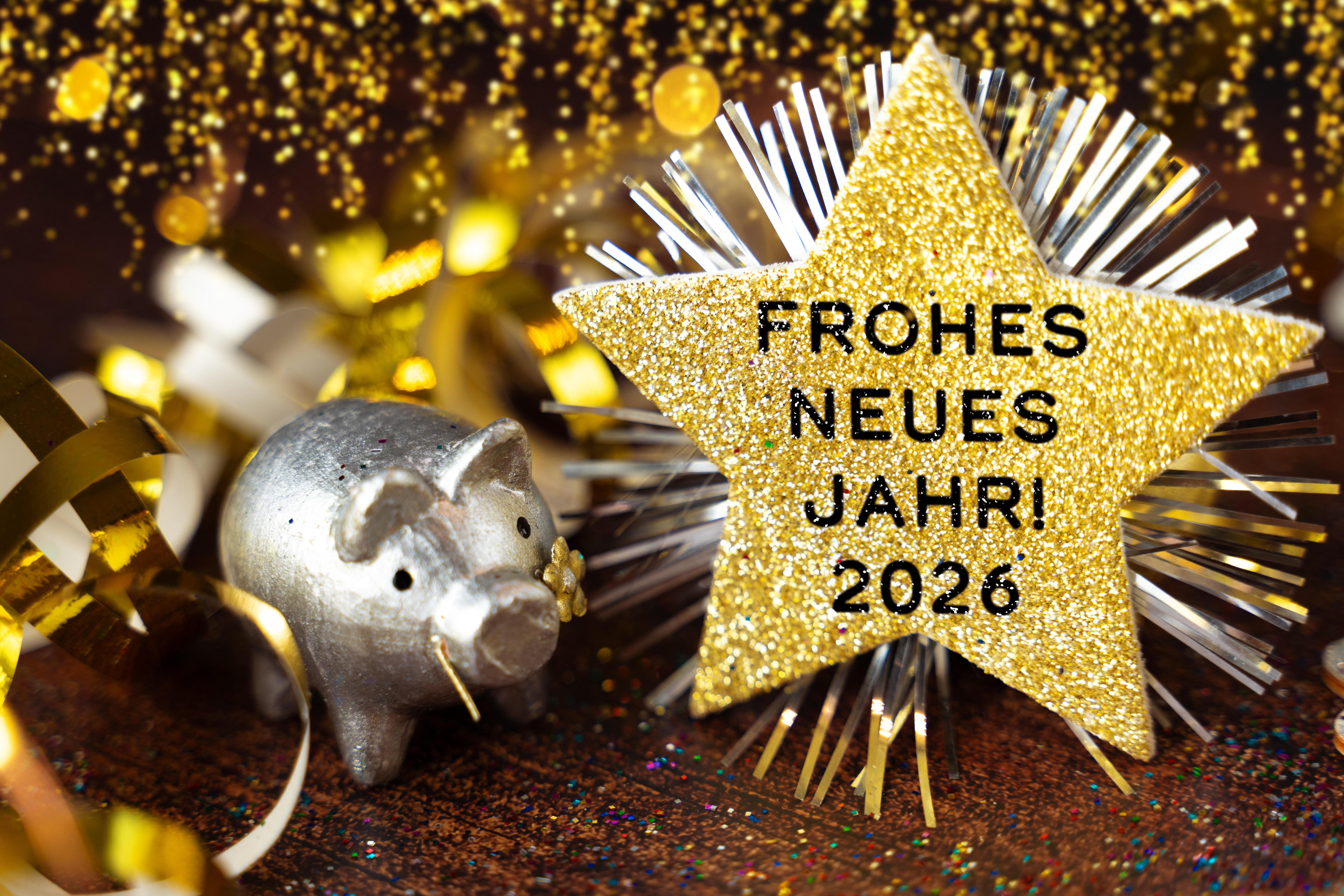 Ein goldener Stern mit Neujahrsgruß steht neben einem Glücksschwein vor funkelnder Dekoration.
