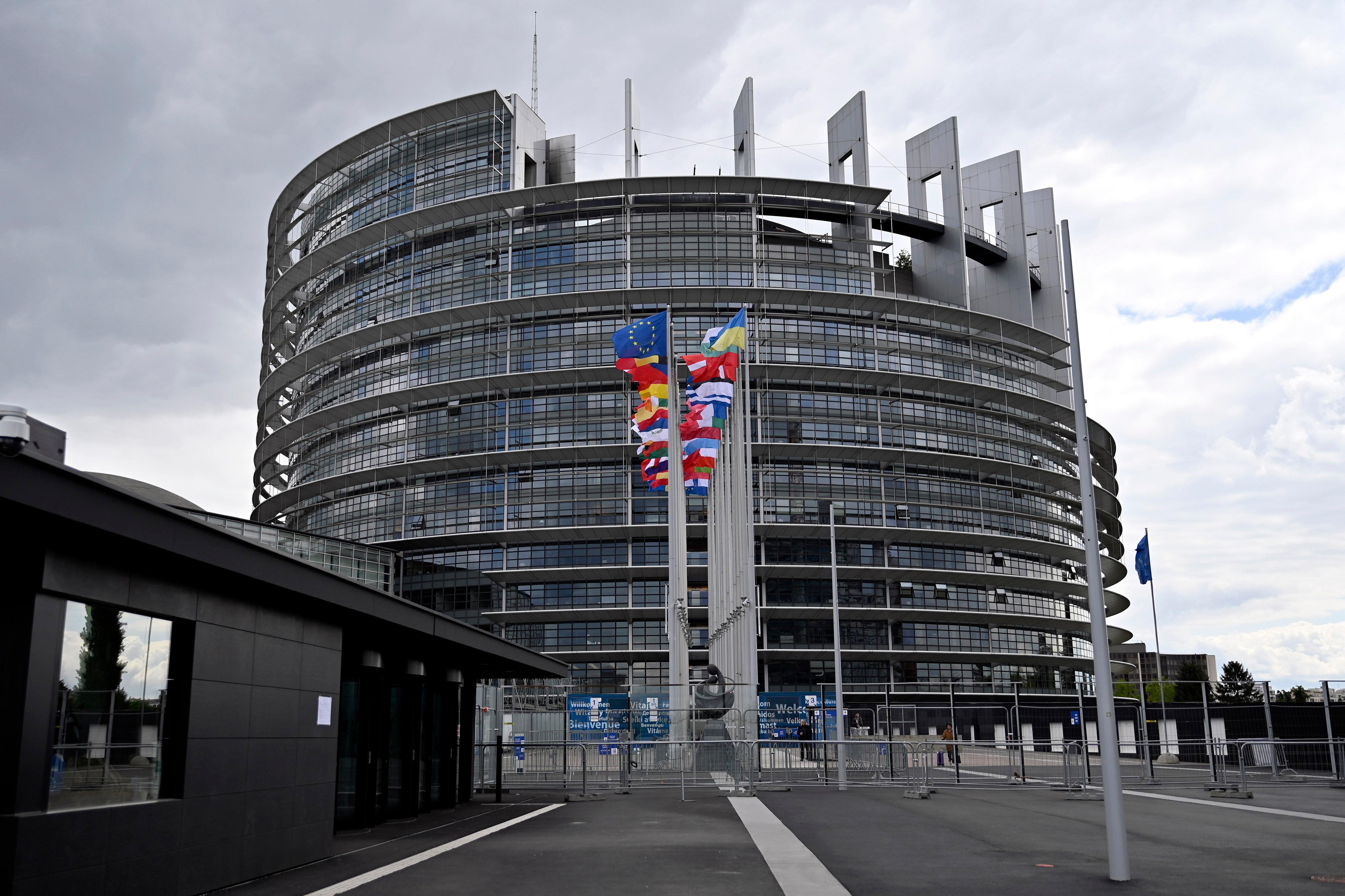 Flaggen wehen vor dem Europaparlament in Straßburg.
