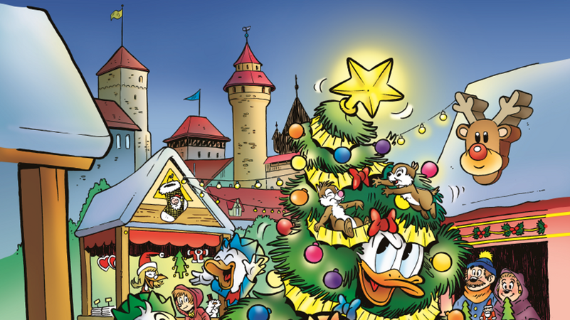 Donald Duck und Tick, Trick und Track laufen durch die Buden-Reihen auf dem Nürnberger Christkindlesmarkt. | Bild: Egmont Ehapa Media / Disney Donald Duck und Tick, Trick und Track laufen durch die Buden-Reihen auf dem Nürnberger Christkindlesmarkt.