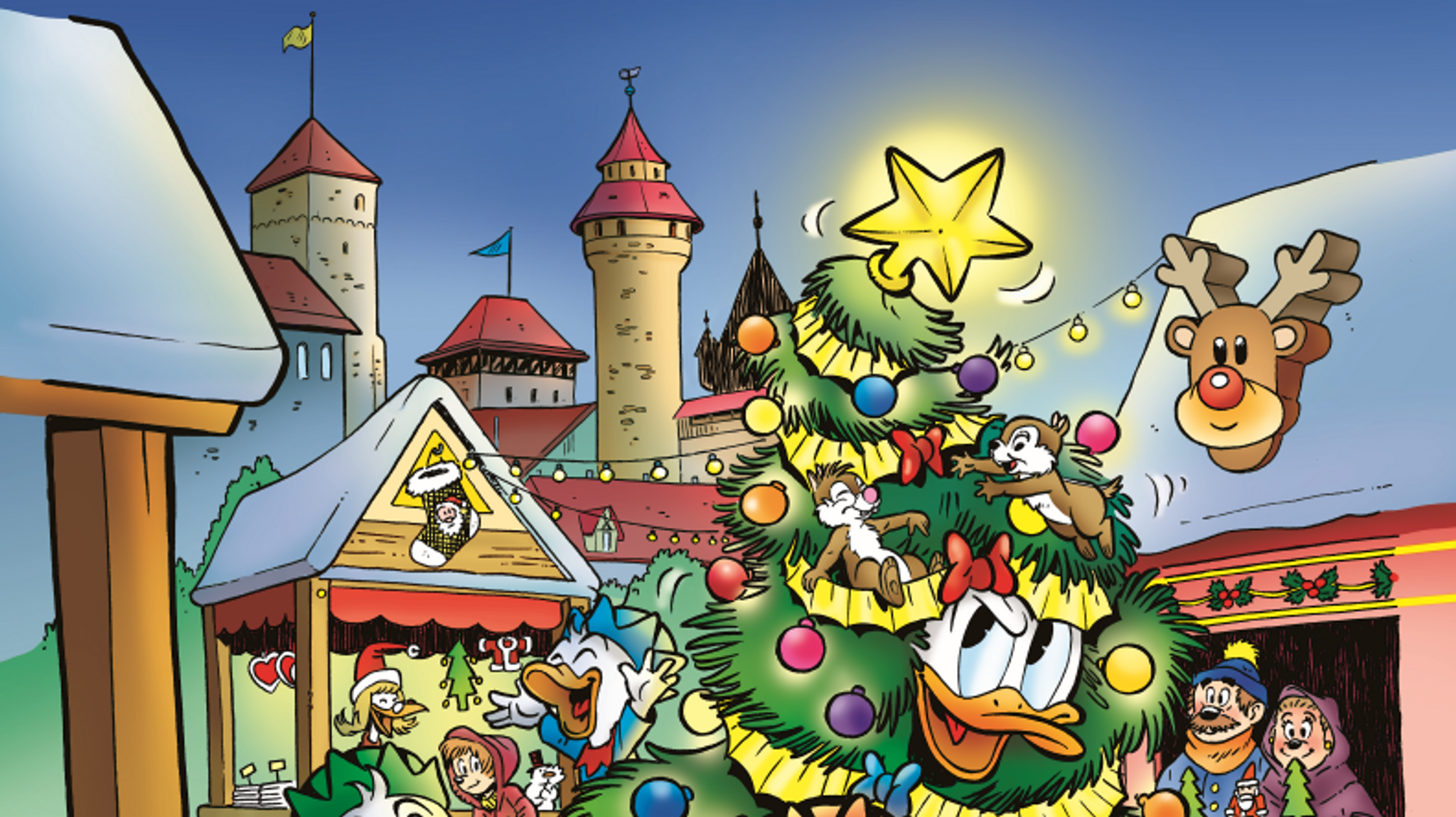 Donald Duck und Tick, Trick und Track laufen durch die Buden-Reihen auf dem Nürnberger Christkindlesmarkt. 