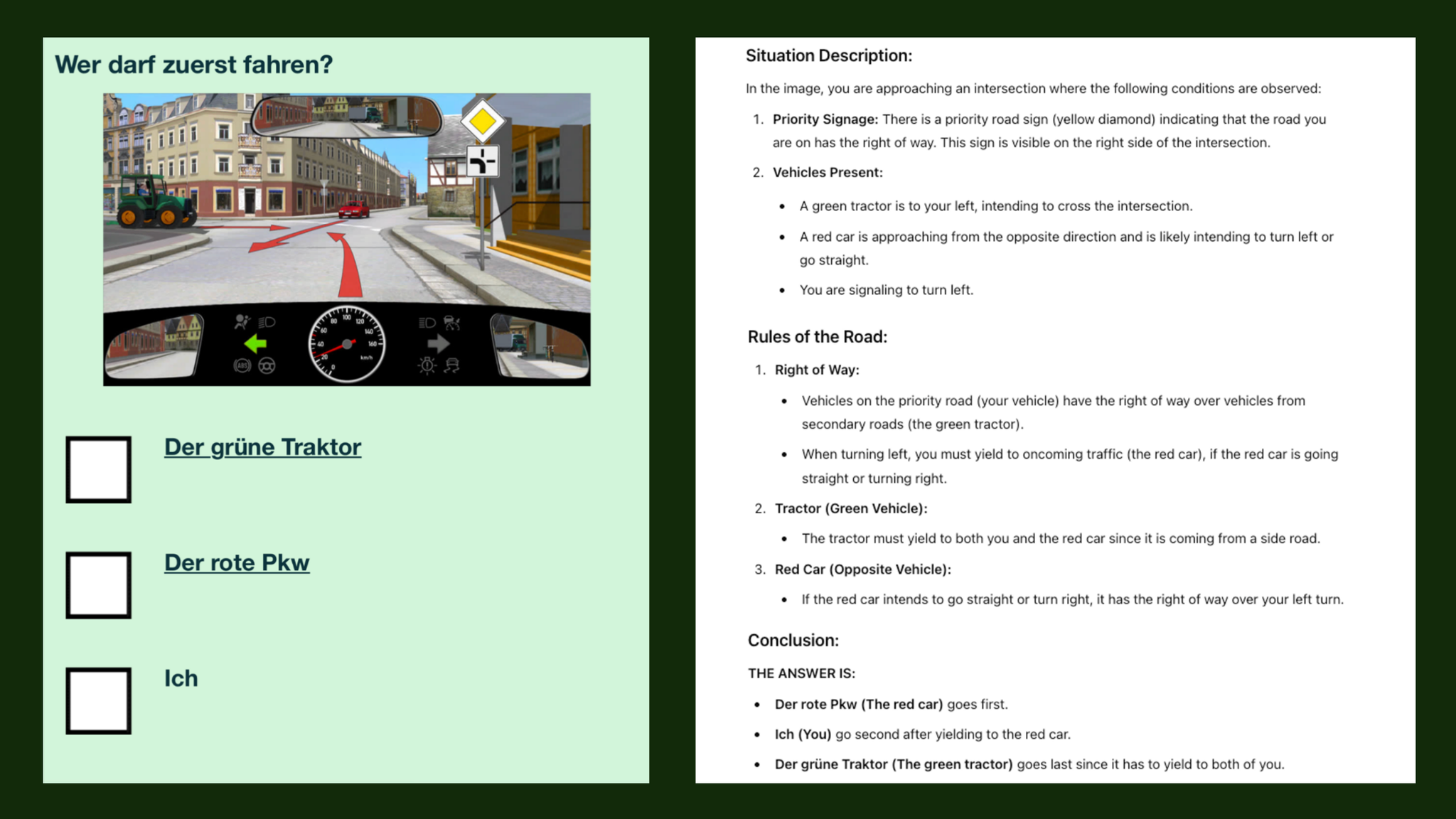 Links die Aufgabe, rechts die Antwort: ChatGPT beim Führerscheintest