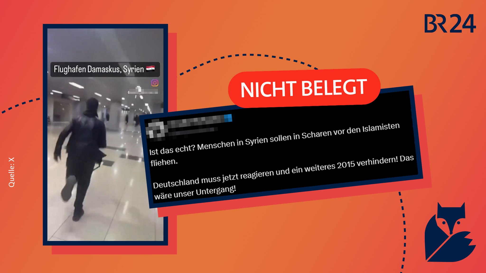 Ein Screenshot eines Videos, das vermutlich am Flughafen in Damaskus aufgenommen wurde. Darauf sieht man einen Mann, der durch die Gänge des Flughafens rennt. Eine Nutzerin verbreitet im dazugehörigen Post das Gerücht, dass "Menschen in Syrien in Scharen vor den Islamisten fliehen". Dafür gibt es keine Belege.