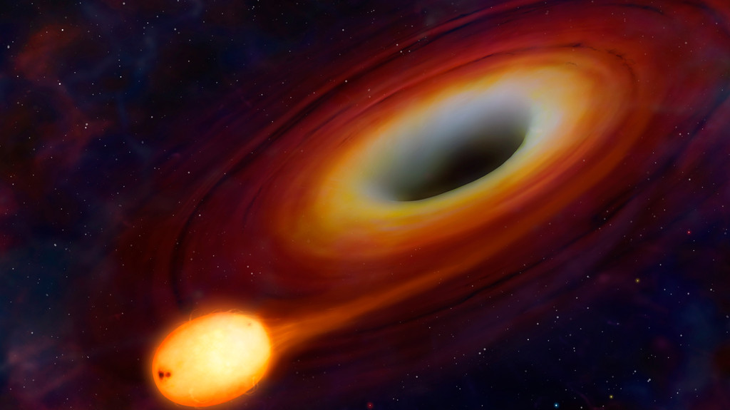 Schwarzes Loch (Illustration). Schwarze Löcher haben eine so große Anziehungskraft, dass nicht einmal Licht ihnen entkommt.
