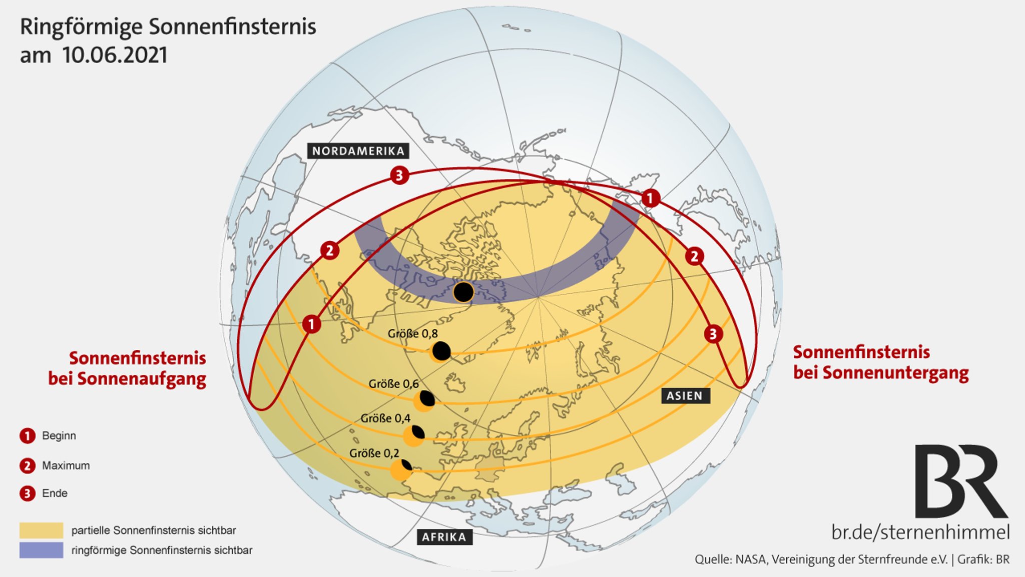 Ringförmige Sonnenfinsternis am 10. Juni 2021. Der spektakuläre Sonnenring ist nur im blauen Bereich sichtbar.