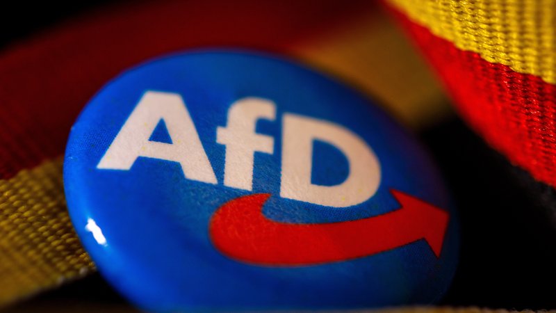 Ein Ansteckpin mit dem Parteilogo der AfD (Alternative für Deutschland) liegt mit einer Deutschland-Banderole auf einem Tisch. | Bild: picture alliance / Andreas Franke | Andreas Franke Ein Ansteckpin mit dem Parteilogo der AfD (Alternative für Deutschland) liegt mit einer Deutschland-Banderole auf einem Tisch.