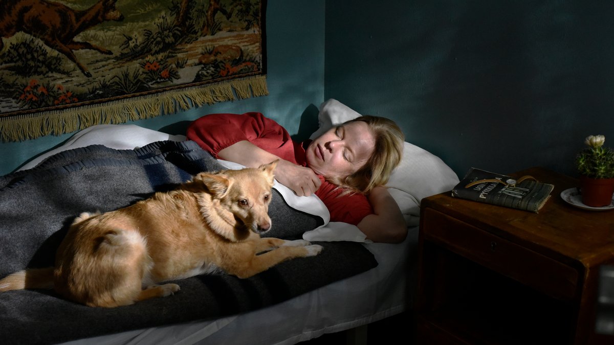 Eine junge Frau liegt im Bett, der Hund an ihrer Seite.