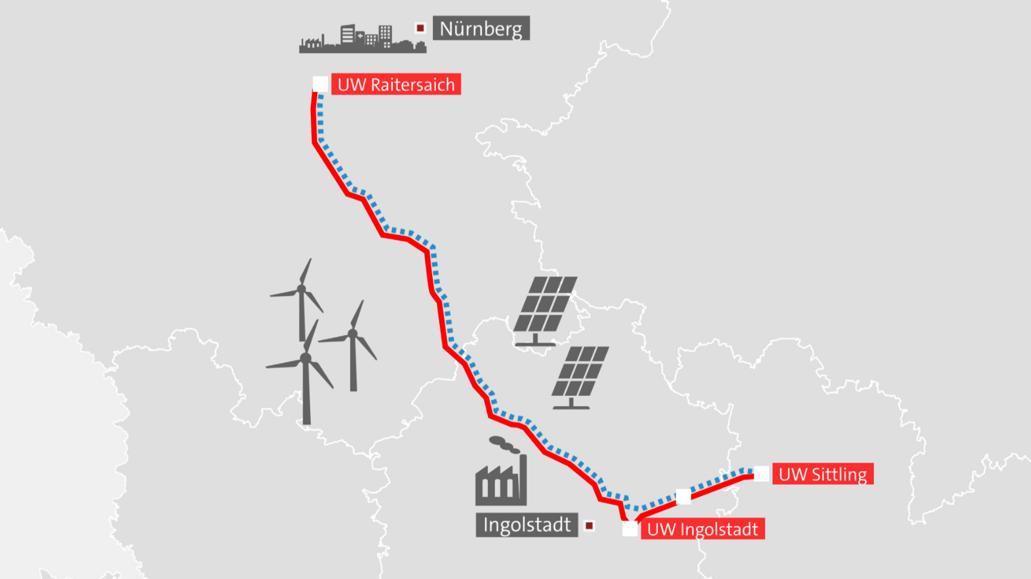 Der geplante Verlauf der Stromtrasse Westbayernring.