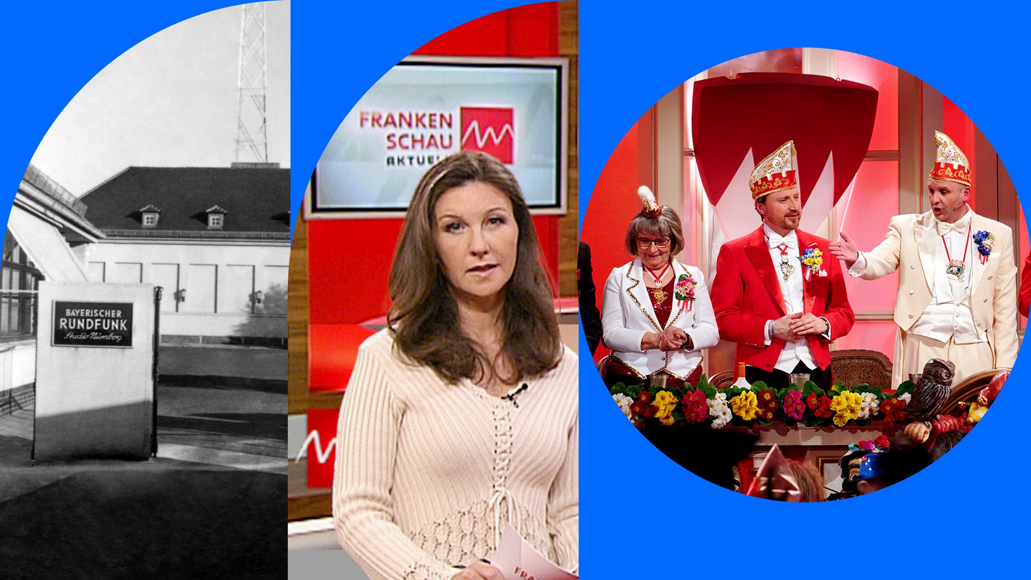 Collage: ein altes Bild des Studio Nürnberg, ein Bild von Moderatorin Karin Schubert und ein Bild von Fastnacht in Franken auf blauem Hintergrund.