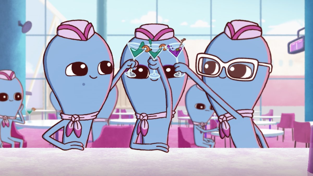 Comicbild mit drei blauen Aliens, die Martinis trinken
