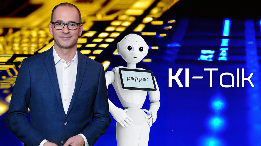 Auftakt der Serie BR24live KI-Talk mit BR-Chefredakteur Christian Nitsche und Roboter Pepper. | Bild: SoftBank Robotics; Montage: BR Auftakt der Serie BR24live KI-Talk mit BR-Chefredakteur Christian Nitsche und Roboter Pepper.