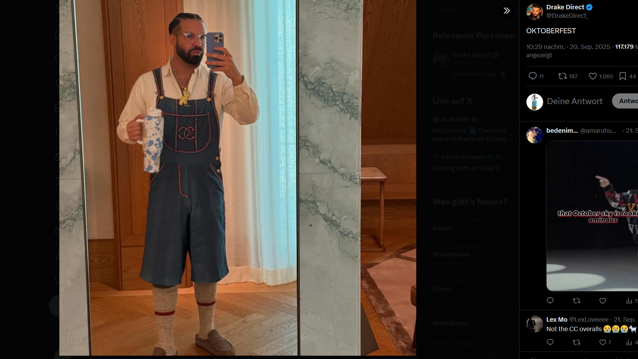 Drake posiert im Wiesn-Hosenanzug. | Bild: Screenshot X Drake posiert im Wiesn-Hosenanzug.