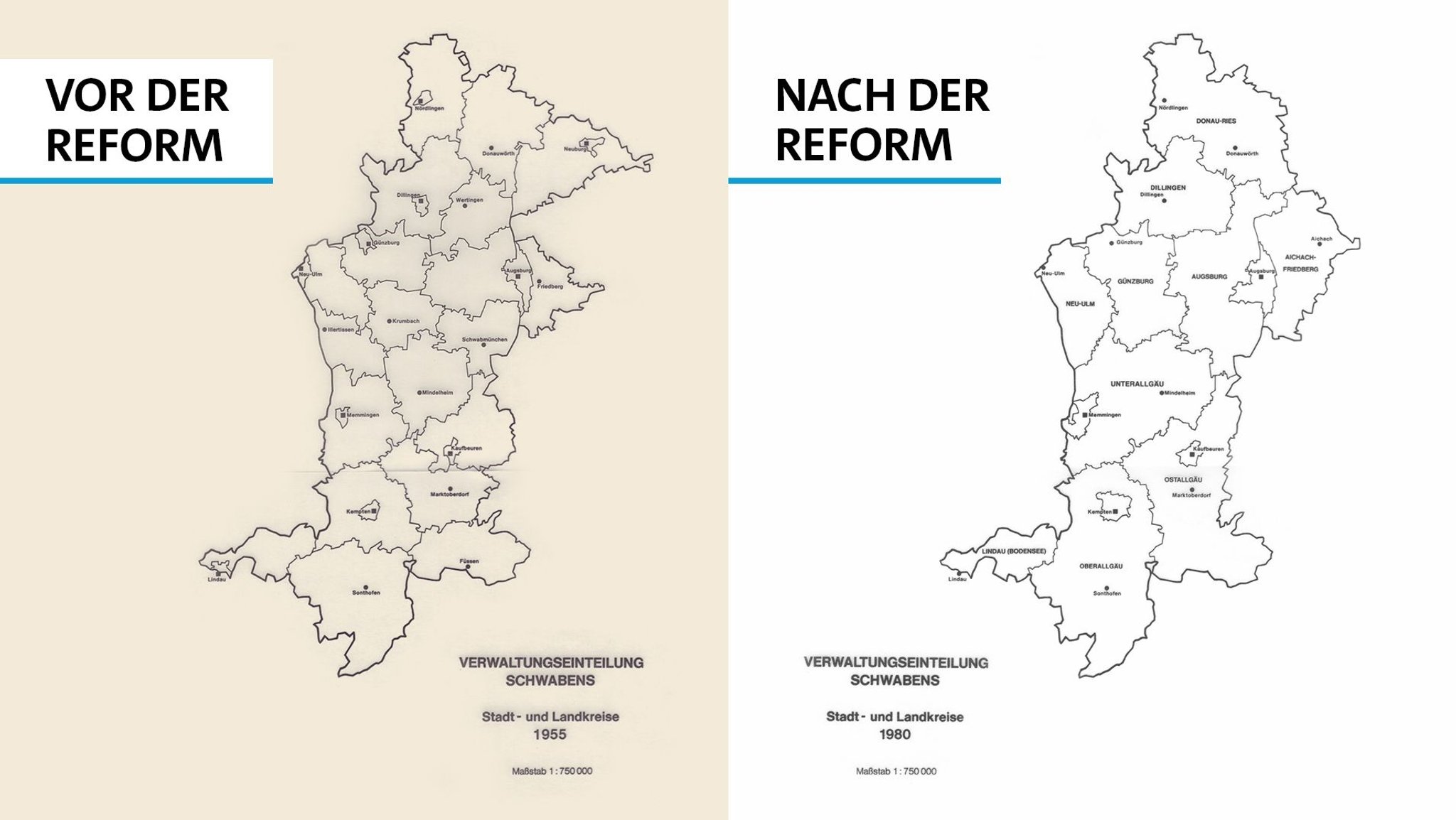 Karte mit der Verwaltungseinteilung Schwabens mit den Stadt- und Landkreisen 1955 und 1980