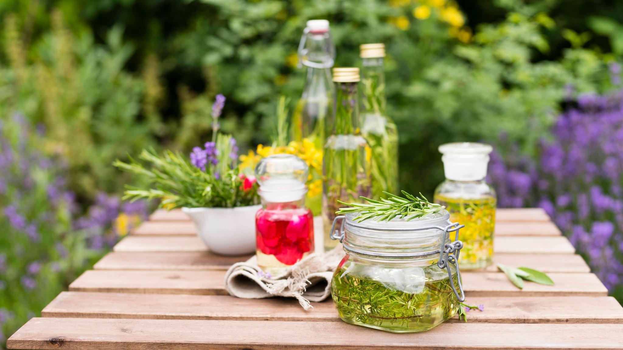 Gefäße mit unterschiedlichen Kräutern stehen auf einem Gartentisch