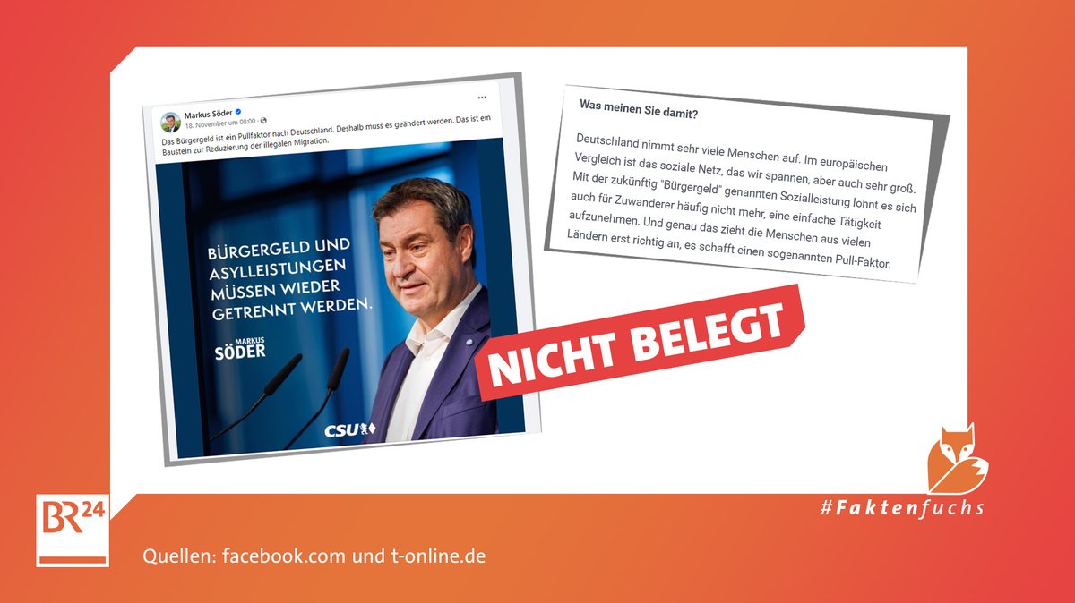 Ein Screenshot eines Interviews mit Friedrich Merz (CDU) und der Facebook-Seite von Markus Söder (CSU) als Screenshot mit dem Stempel "Nicht belegt".