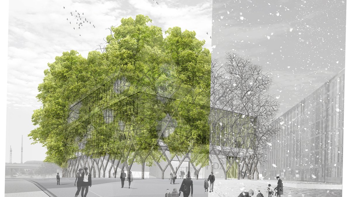 So sah der Entwurf von Ferdinand Ludwig und Daniel Schönle für das House of Future (heute: Futurium) in Berlin aus. Die Baum-Fassade sorgt im Sommer für angenehme Kühlung.