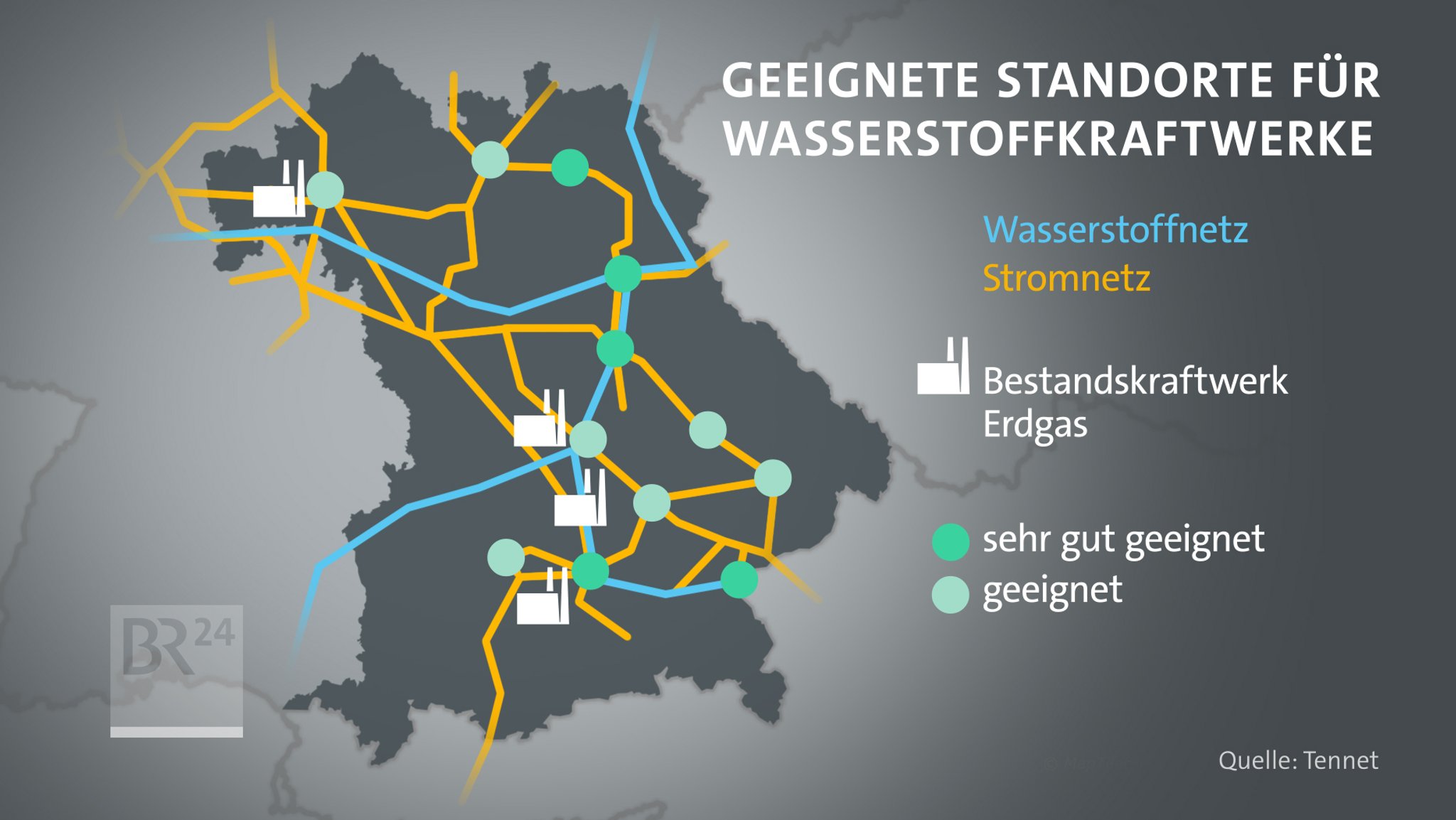 Karte mit Standorten für Wasserstoffkraftwerke