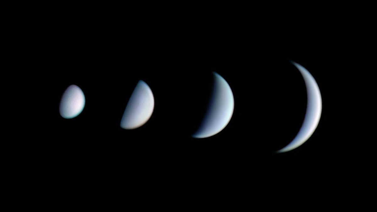 Die Phasen der Venus: Als innerer Planet wird die Venus kurz vor der unteren Konjunktion zur Venus-Sichel.