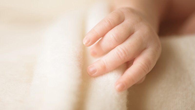 Kleine Hand eines Neugeborenen auf einer Wolldecke. | Bild: stock.adobe.com/jchizeh Kleine Hand eines Neugeborenen auf einer Wolldecke.